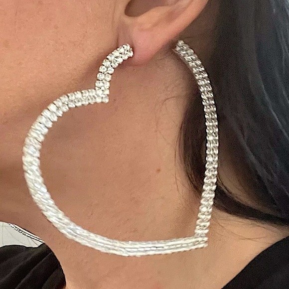 White Gold Plated Oversized Diamond Heart Hoop Earrings - Picture 9 of 14